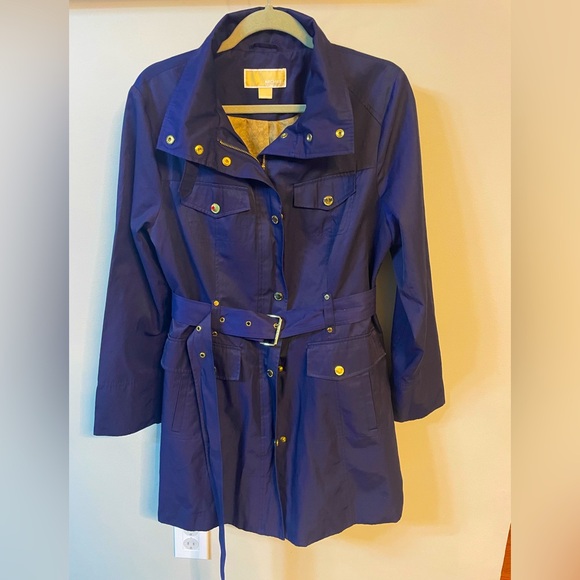 Navy Michael Kors belted cotton blend trench coat, size: L, like-new condition - Picture 1 of 7